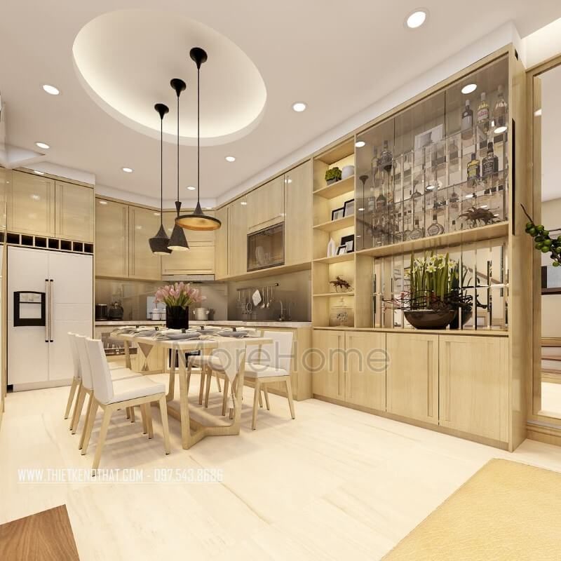 Nội thất phòng ăn liền bếp ở thiết kế đồng điệu màu sắc với tủ bếp gỗ chữ U hiện đại mang lại sự tiện nghi trong sinh hoạt hàng ngày