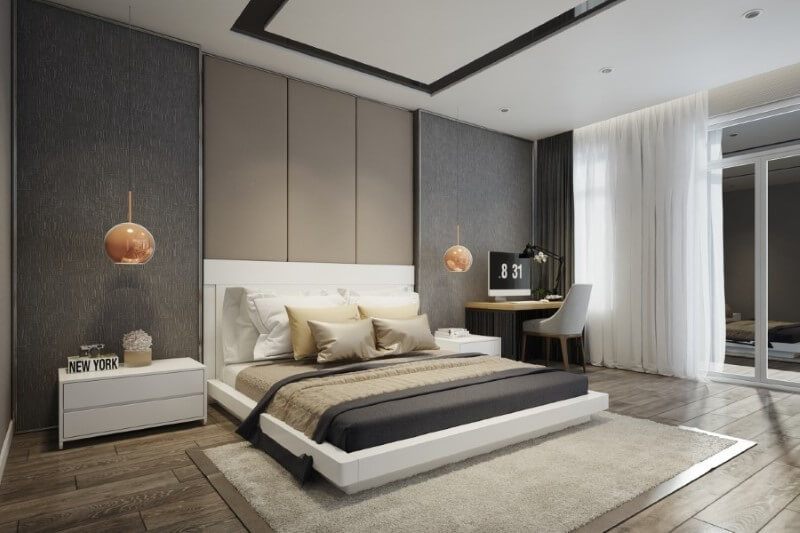 Thiết kế nội thất phòng ngủ master hiện đại sử dụng tông màu trung tính mang lại hiệu ứng cảm xúc cho không gian giúp giả chủ cảm thấy an toàn và ấm áp