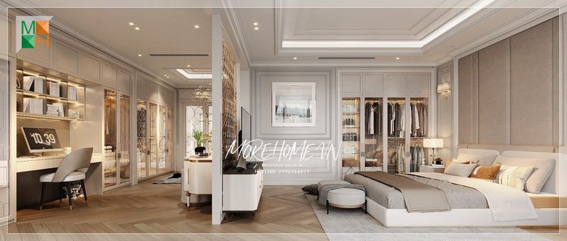 Mẫu thiết kế phòng ngủ master được phân chia bởi một vách cnc mạ vàng sang trọng, trong đó có phòng thay đồ.
